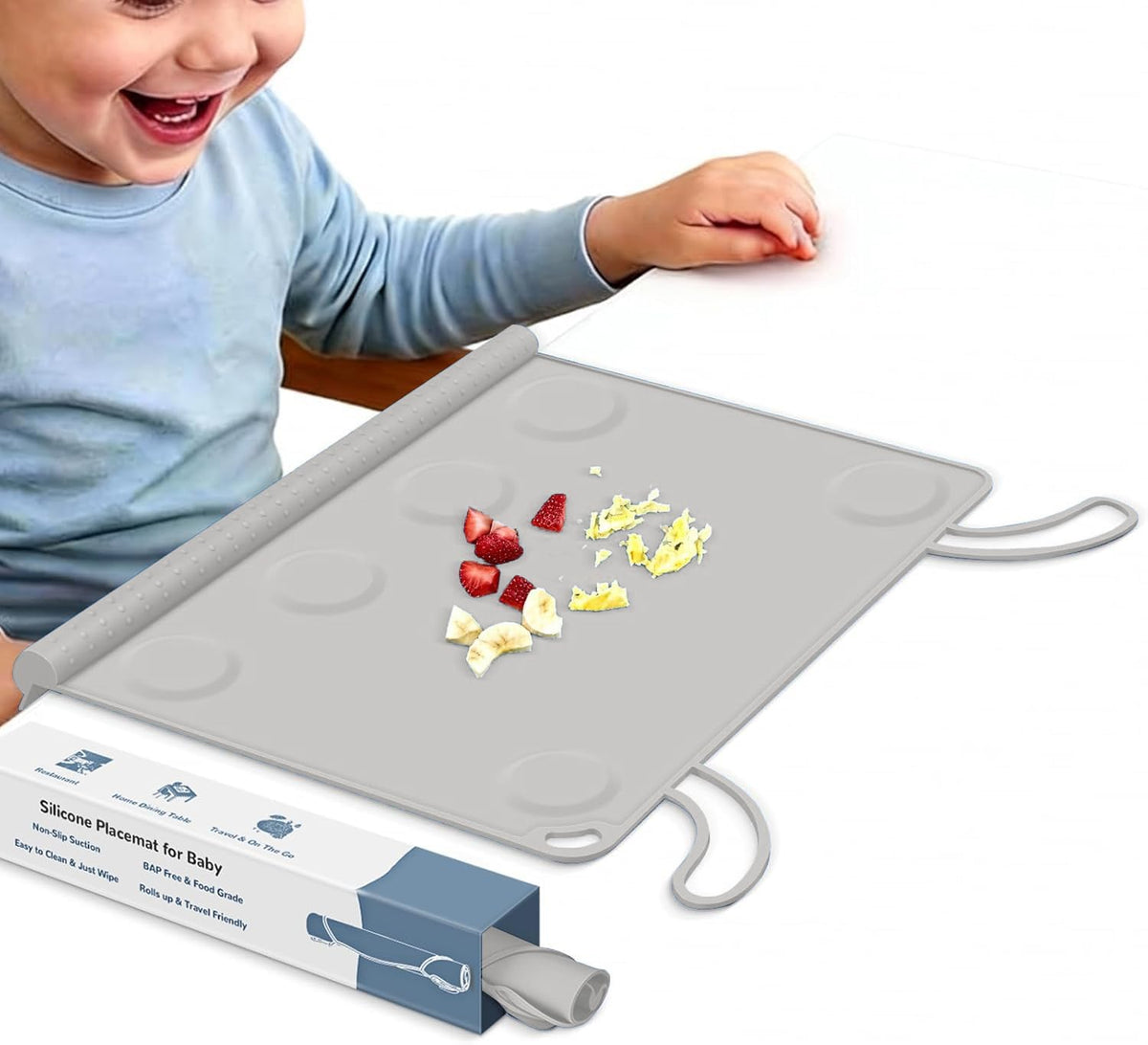 Silicone Placemat for Toddler Eating: Wipe Clean & Roll Up in The Diaper Bag - Table Mat for Restaurant/Travel/On-The-Go
