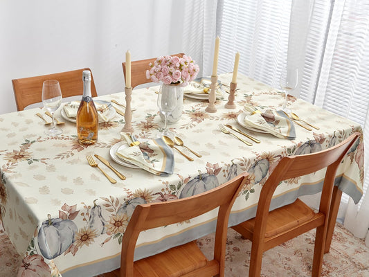 YiHomer Blue Pumpkin Bordered Thanksgiving Tabletop, Stonewashed Fall Pumpkin and Sunflower Cottage Print Easy Care Fabric, Farmhouse Harvest, Tablecloth, 52 x 52 Square