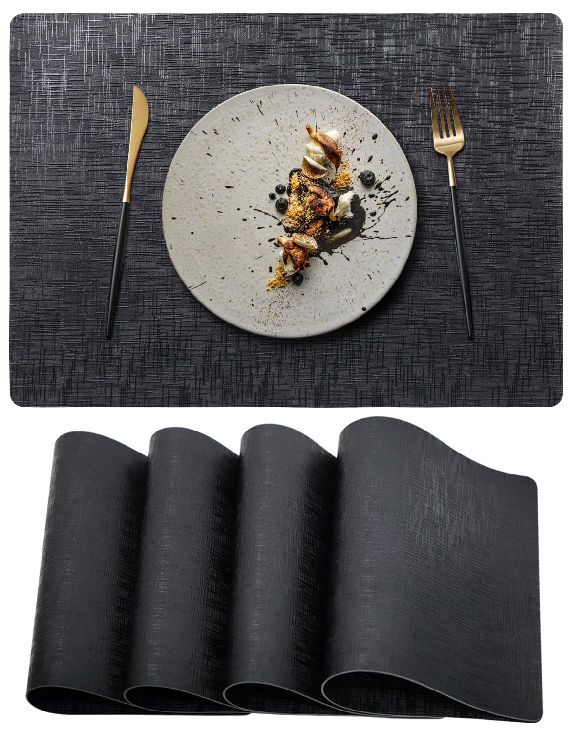 Placemats, Placemats Set of 6, Table Place Mats for Kitchen Dining, Heat-Resistant Anti-Skid Stain Washable PVC Table Mats, Easy to Cleaning Woven Vinyl Dinner Mats (Gold)