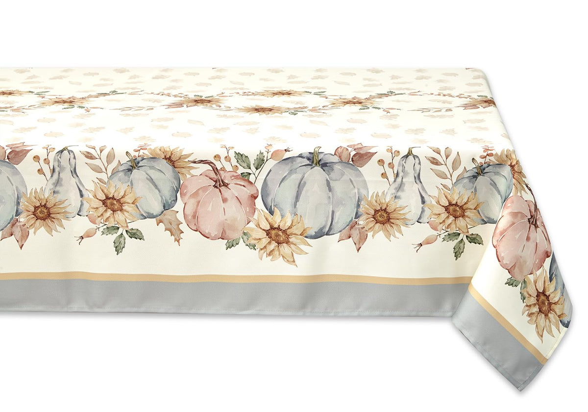 YiHomer Blue Pumpkin Bordered Thanksgiving Tabletop, Stonewashed Fall Pumpkin and Sunflower Cottage Print Easy Care Fabric, Farmhouse Harvest, Tablecloth, 52 x 52 Square