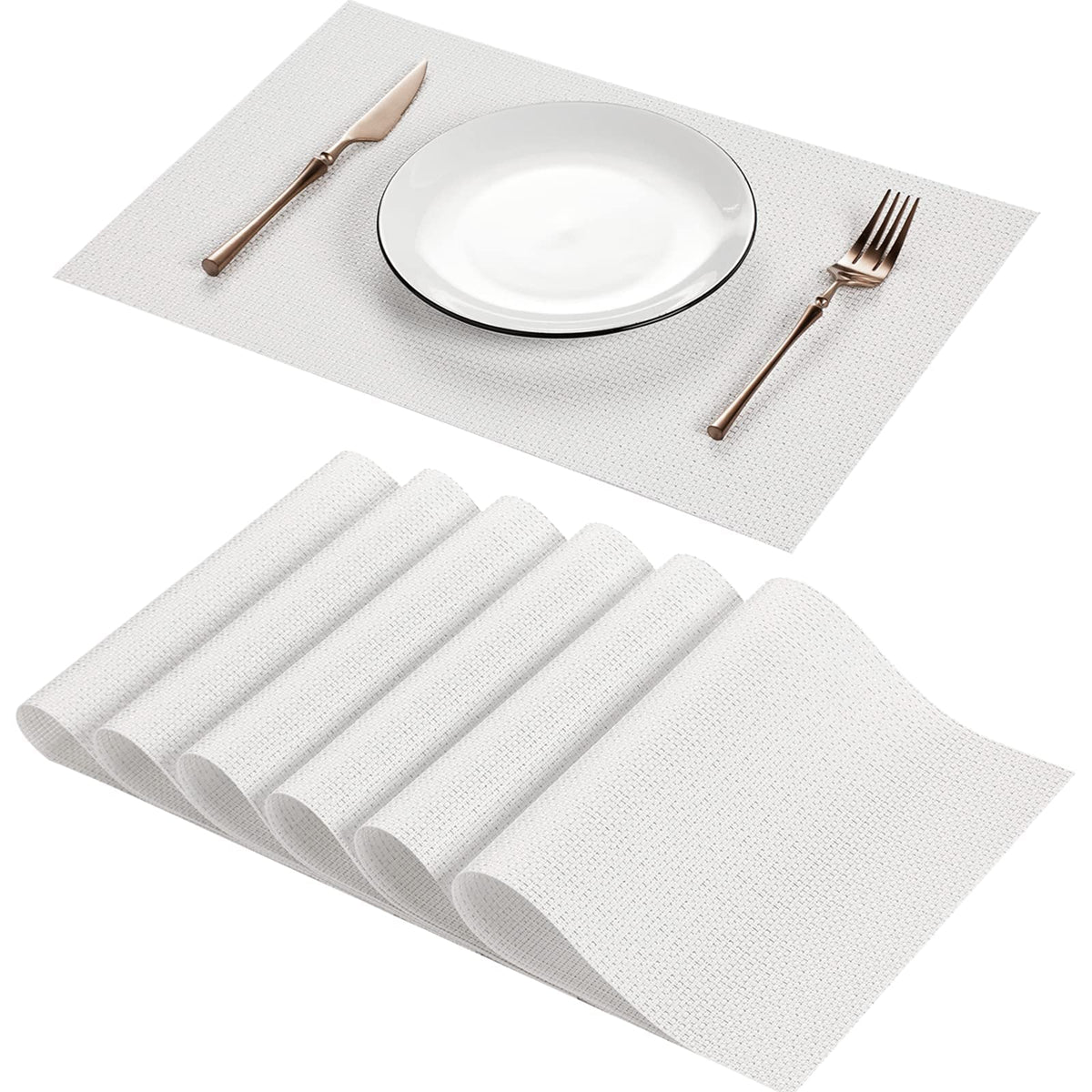 AHHFSMEI Placemats Set of 6 Washable Woven Vinyl Placemats for Dining Table Heat Resistant Non-Slip Stain Resistant Table Mats for Kitchen & Home Decor(White,6)