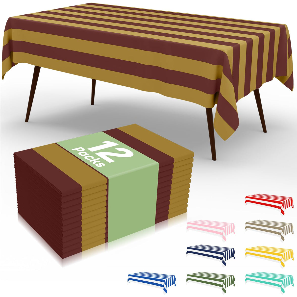 misaya 12 Packs Striped Disposable Table Cloth, 54 x 108 Inch Waterproof Rectangle Tablecloth, Leakproof & Sturdy Decorative Table Covers for Picnic, Party and Outdoor, Brown and White