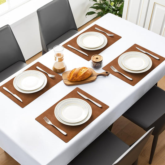 MOSAYT Fall Vinyl Faux Leather Placemats, Set of 6, Reddish Brown