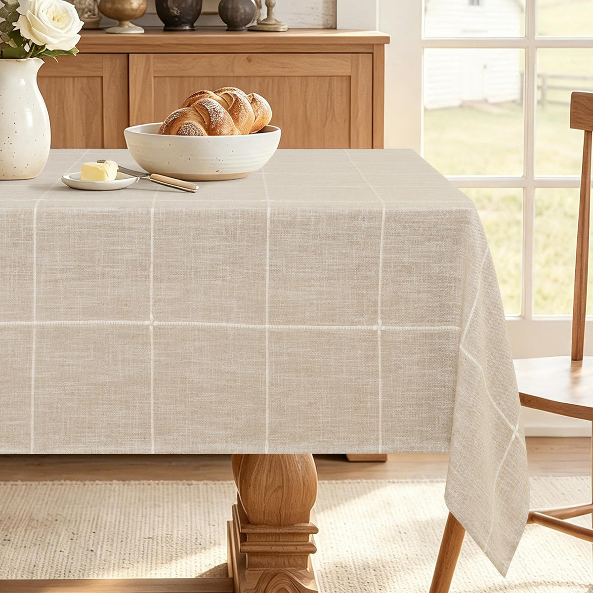 JIUZHEN Faux Linen Rectangle Tablecloth, Wrinkle Stain Resistant Farmhouse Textured Table Cloth Decorative Fabric for Kitchen, Dining, Party, Wedding,Outdoor Use,90 x 132 Inch,Beige