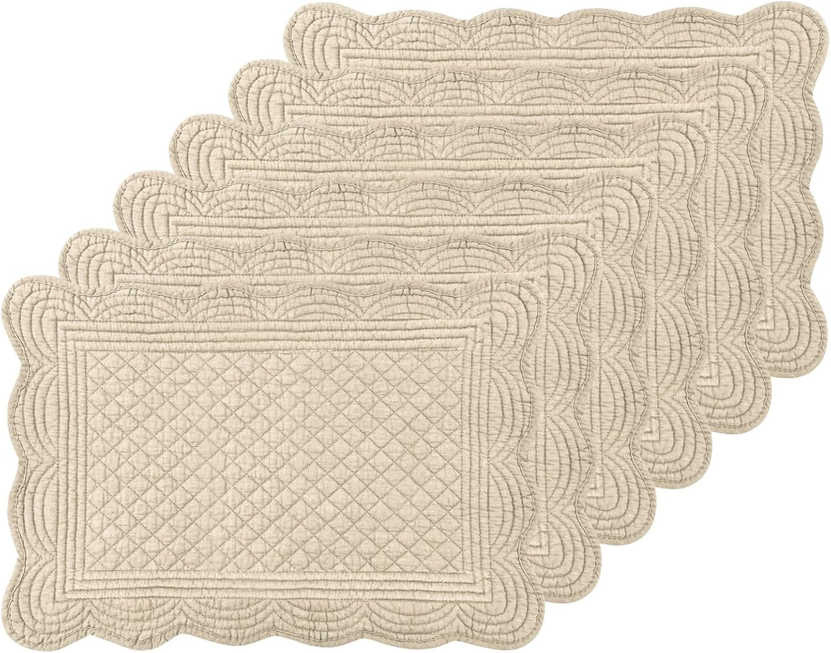 6 PC Quilted Placemats, 18"X13"Extra Large Cotton Placemats Set of 6, 100% Cotton Fabric Washable Cloth Table Mats for Kitchen & Dining Table - Soft &Easy Clean(Flax, Rectangular)