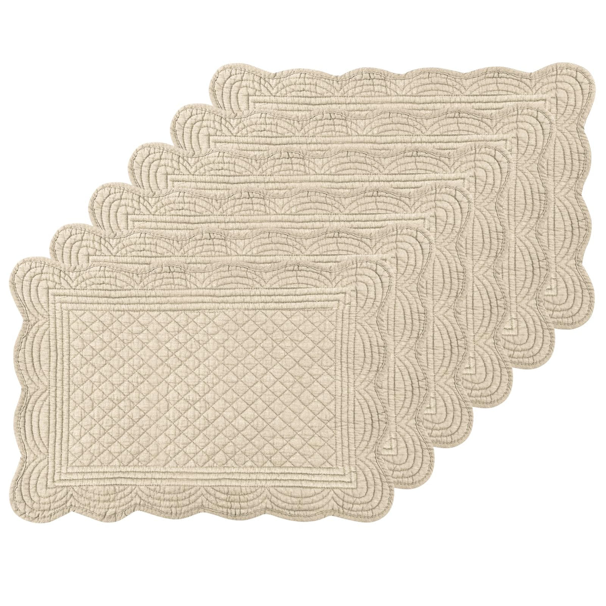 6 PC Quilted Placemats, 18"X13"Extra Large Cotton Placemats Set of 6, 100% Cotton Fabric Washable Cloth Table Mats for Kitchen & Dining Table - Soft &Easy Clean(Flax, Rectangular)