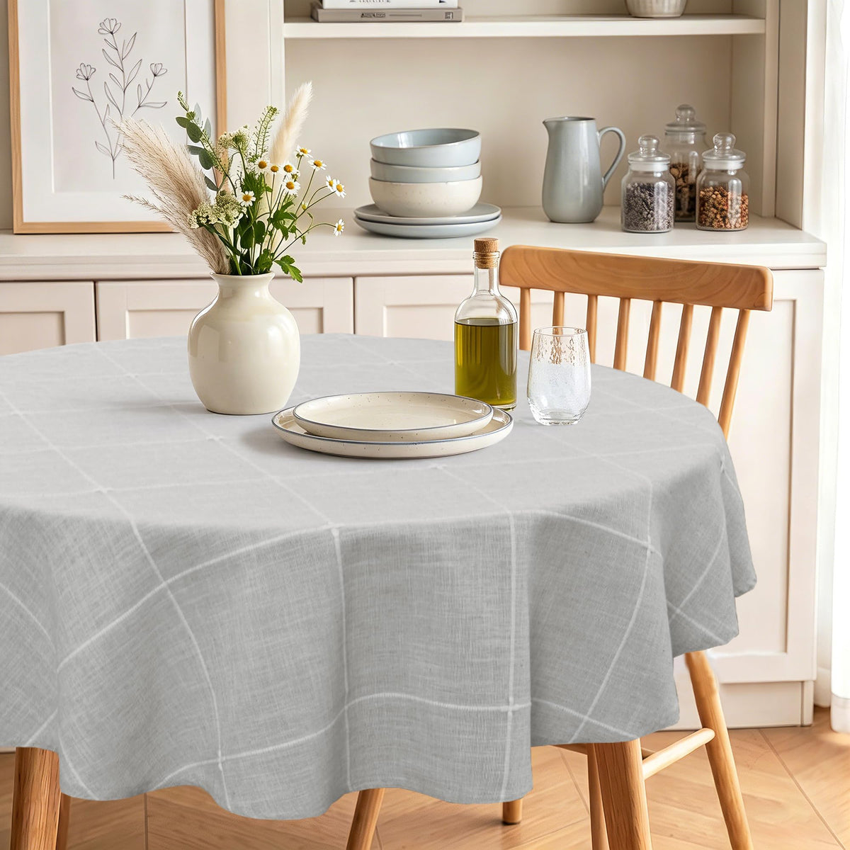 JIUZHEN Faux Linen Rectangle Tablecloth, Wrinkle Stain Resistant Farmhouse Textured Table Cloth Decorative Fabric for Kitchen, Dining, Party, Wedding,Outdoor Use,90 x 132 Inch,Beige