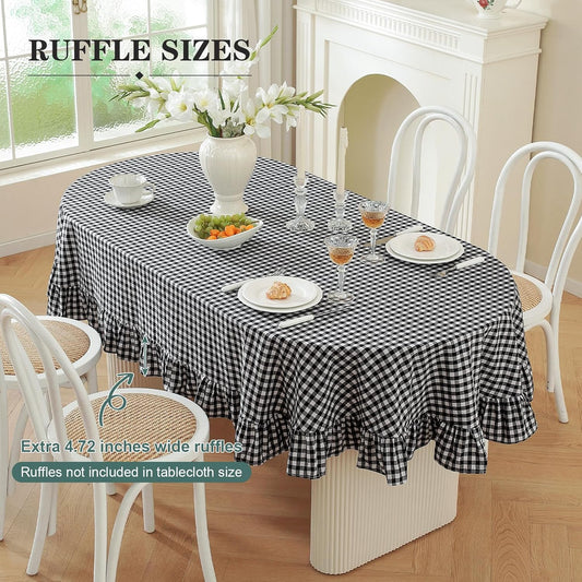 Wolkemer Black and White Gingham Ruffled Oval Tablecloth, 60x84 Inch