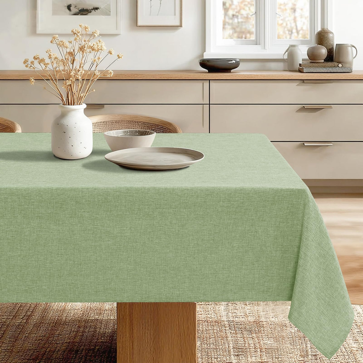 JIUZHEN Faux Linen Rectangle Tablecloth, Wrinkle Stain Resistant Farmhouse Textured Table Cloth Decorative Fabric for Kitchen, Dining, Party, Wedding,Outdoor Use,90 x 132 Inch,Beige
