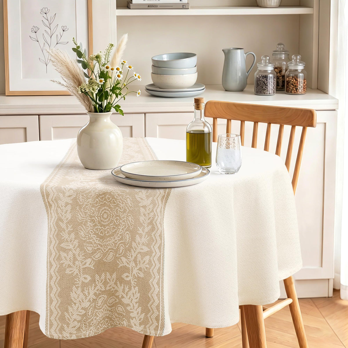 JIUZHEN Faux Linen Rectangle Tablecloth, Wrinkle Stain Resistant Farmhouse Textured Table Cloth Decorative Fabric for Kitchen, Dining, Party, Wedding,Outdoor Use,90 x 132 Inch,Beige
