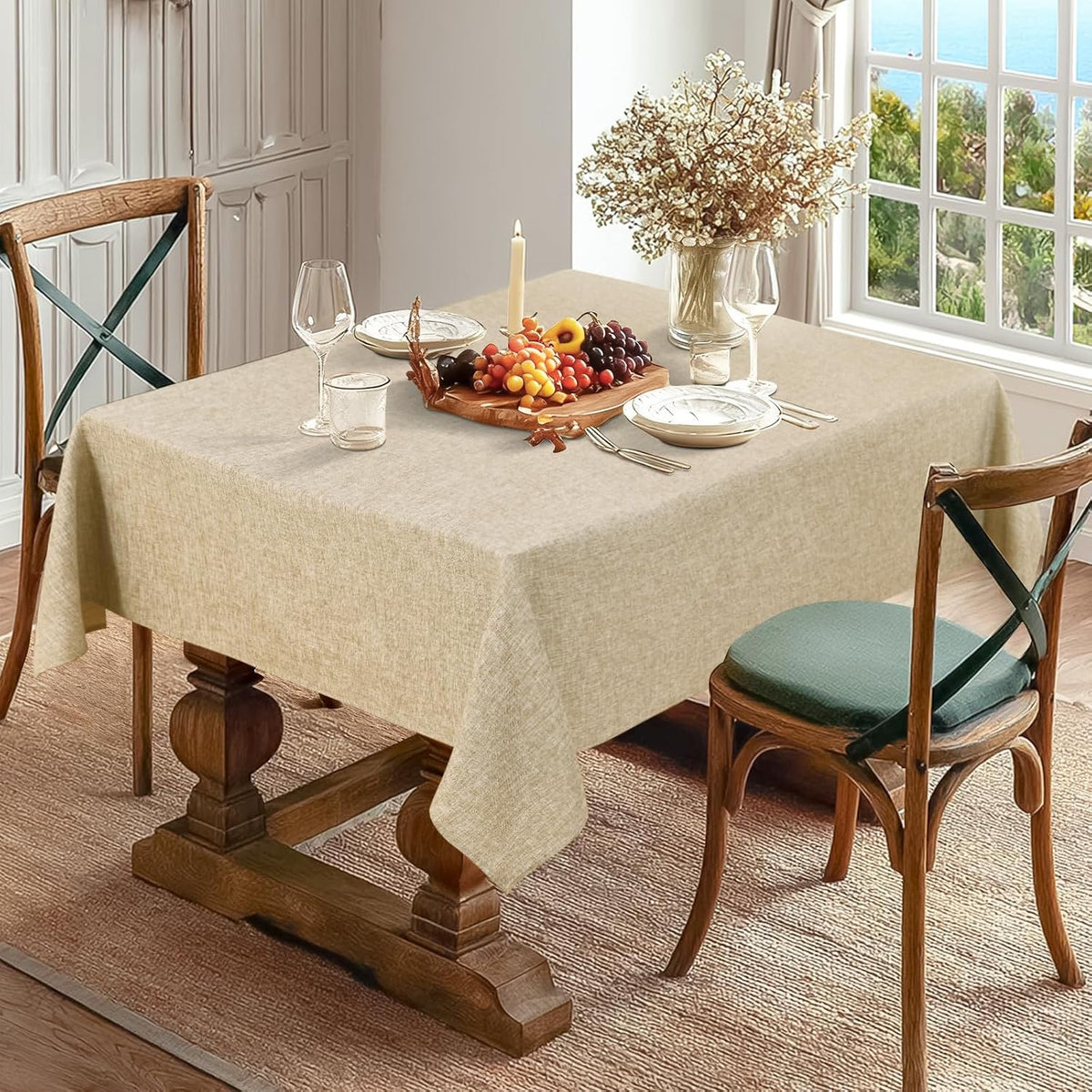 JIUZHEN Faux Linen Rectangle Tablecloth, Wrinkle Stain Resistant Farmhouse Textured Table Cloth Decorative Fabric for Kitchen, Dining, Party, Wedding,Outdoor Use,90 x 132 Inch,Beige