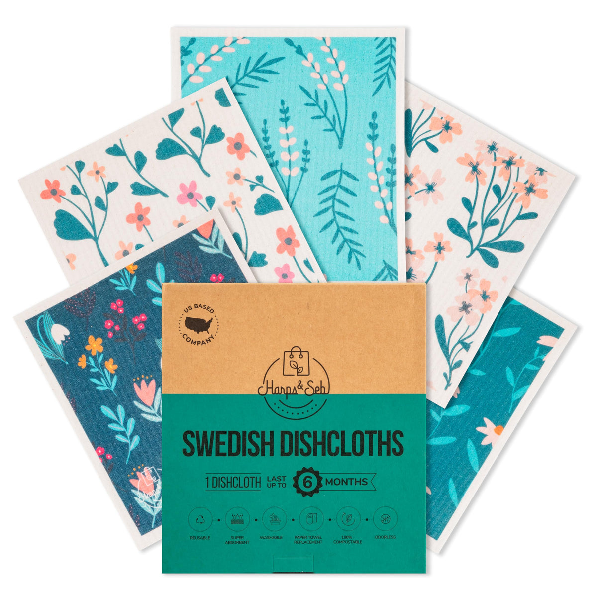 Harps&Seb Swedish Dishcloths for Kitchen Dish Towels - 5 Pack, Non-Scratch Reusable Paper Towels, Super Absorbent Washable Swedish Dish Cloths, No Odor, Biodegradable, Fruit Design