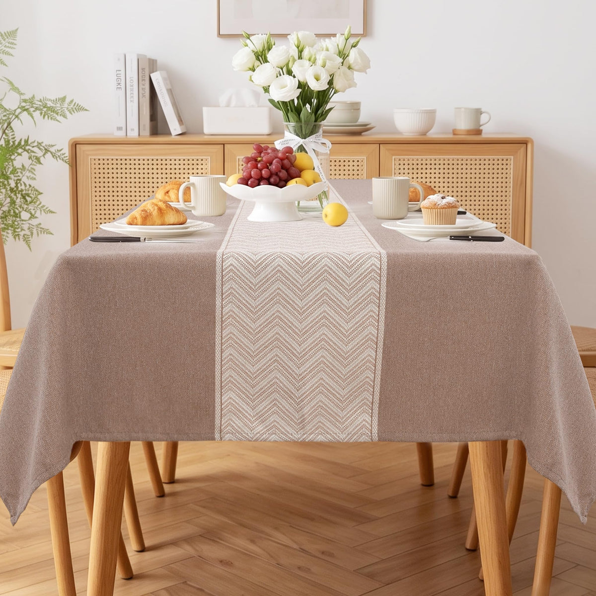 JIUZHEN Faux Linen Rectangle Tablecloth, Wrinkle Stain Resistant Farmhouse Textured Table Cloth Decorative Fabric for Kitchen, Dining, Party, Wedding,Outdoor Use,90 x 132 Inch,Beige