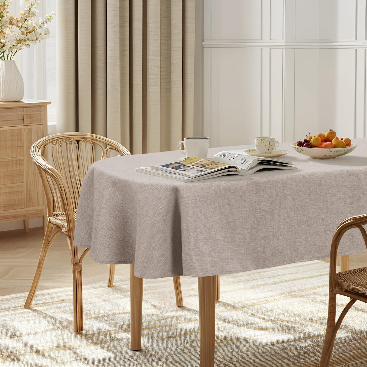 JIUZHEN Faux Linen Rectangle Tablecloth, Wrinkle Stain Resistant Farmhouse Textured Table Cloth Decorative Fabric for Kitchen, Dining, Party, Wedding,Outdoor Use,90 x 132 Inch,Beige