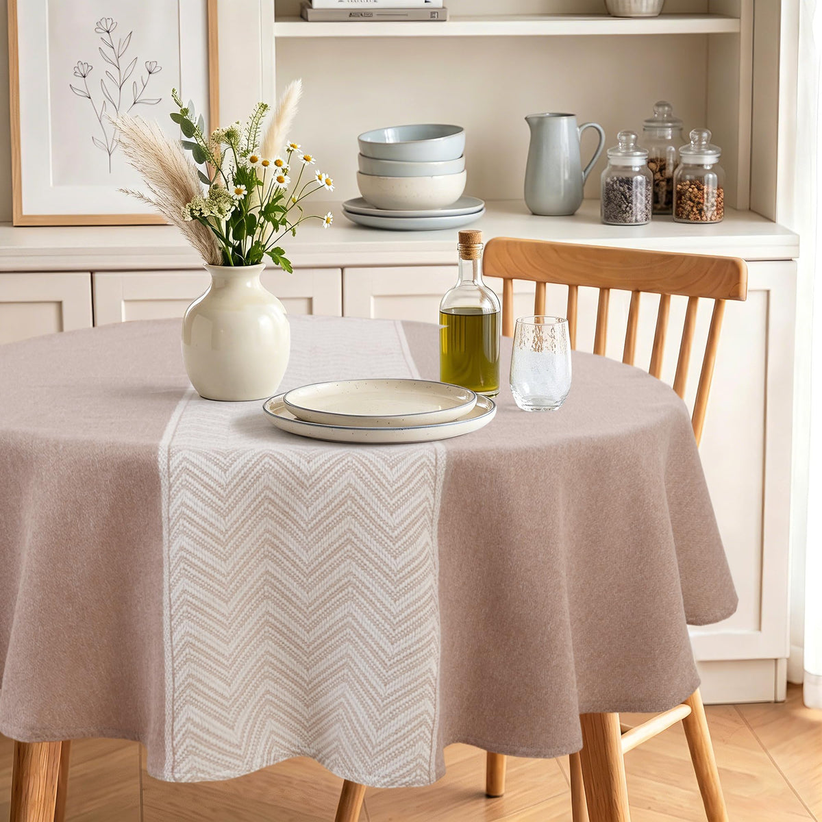 JIUZHEN Faux Linen Rectangle Tablecloth, Wrinkle Stain Resistant Farmhouse Textured Table Cloth Decorative Fabric for Kitchen, Dining, Party, Wedding,Outdoor Use,90 x 132 Inch,Beige