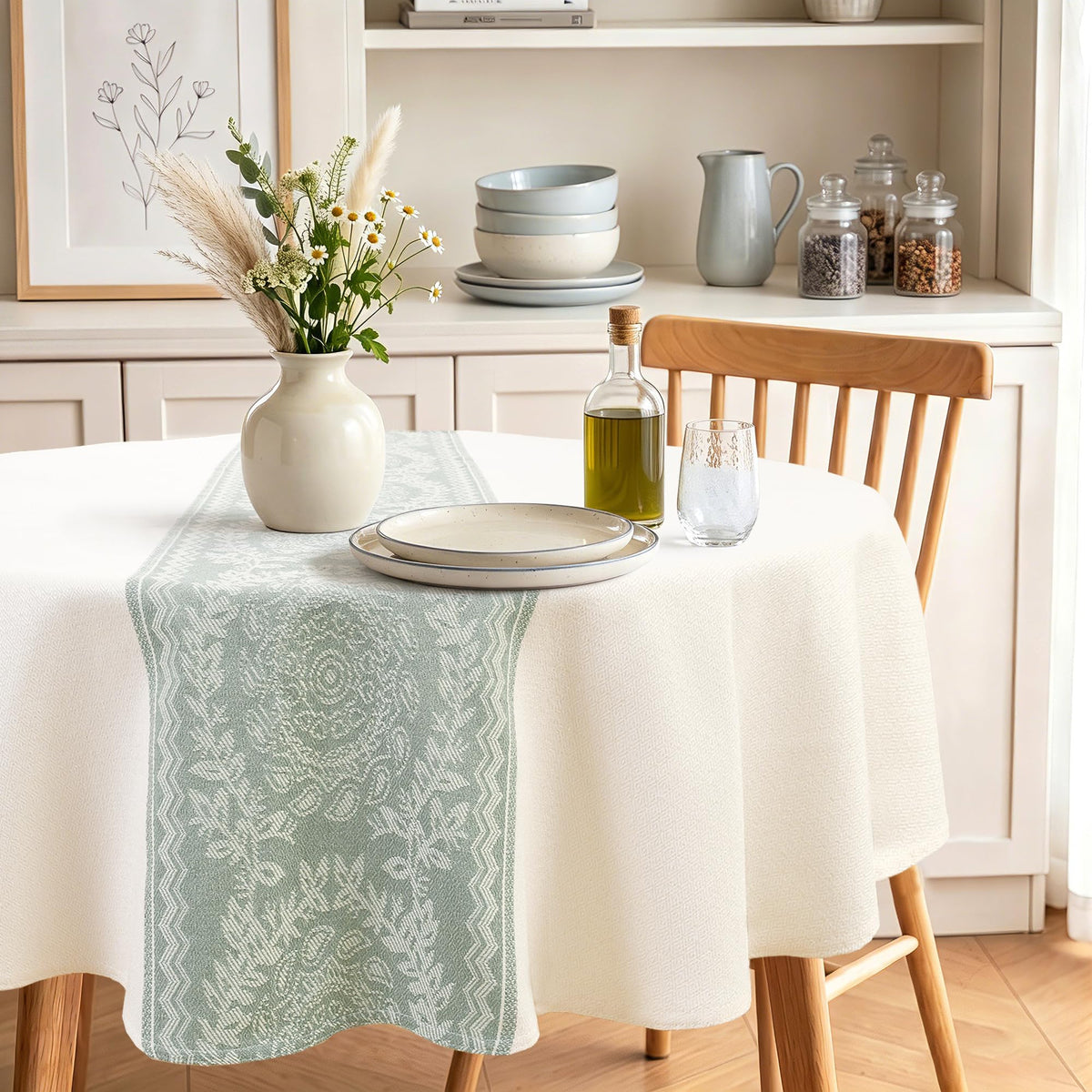 JIUZHEN Faux Linen Rectangle Tablecloth, Wrinkle Stain Resistant Farmhouse Textured Table Cloth Decorative Fabric for Kitchen, Dining, Party, Wedding,Outdoor Use,90 x 132 Inch,Beige
