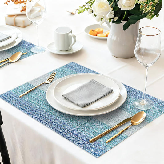 HeloHo Placemats Set of 4,Vinyl Table Place Mats Stain Resistant Foldable Placemats Washable Wipeable Placemat for Kitchen Dining Table Decoration Indoor Outdoor(Blue)