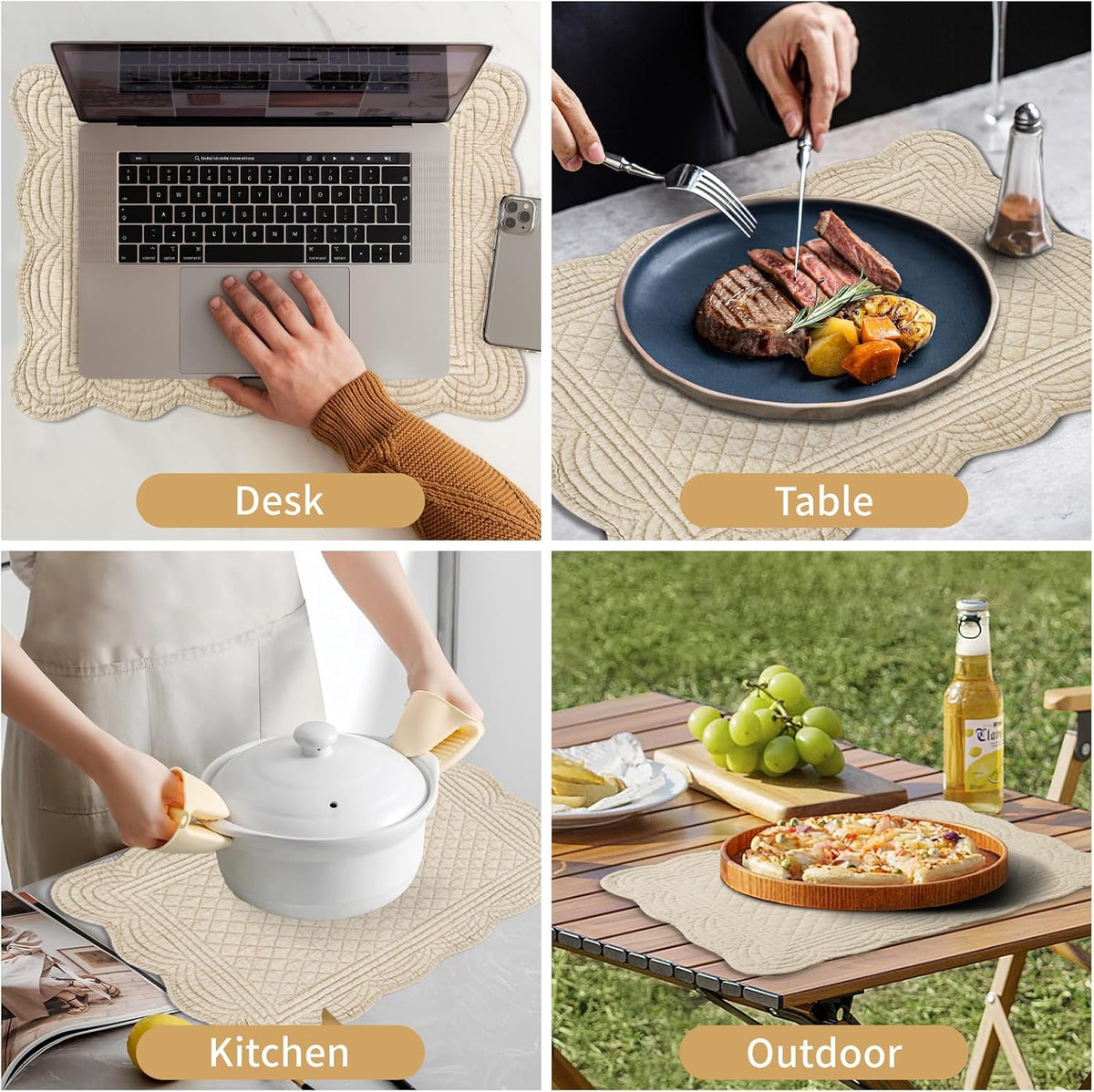 6 PC Quilted Placemats, 18"X13"Extra Large Cotton Placemats Set of 6, 100% Cotton Fabric Washable Cloth Table Mats for Kitchen & Dining Table - Soft &Easy Clean(Flax, Rectangular)