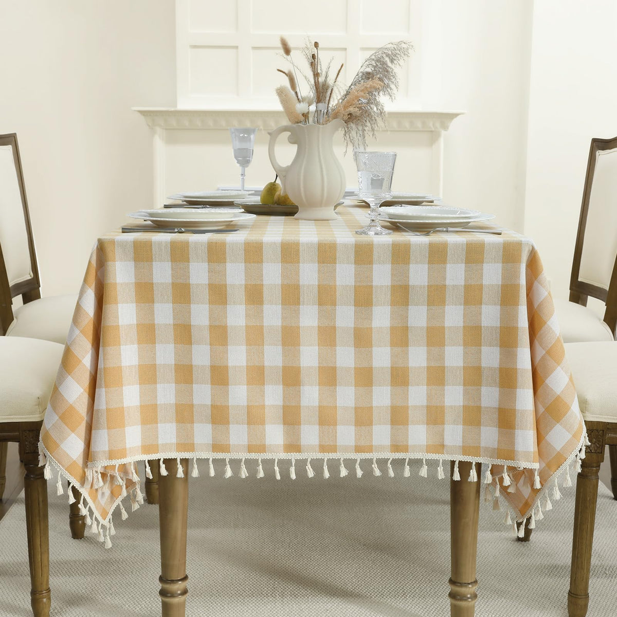 Romanstile Gingham Tassel Tablecloth Rectangle - 60 x 84 Inch, Beige