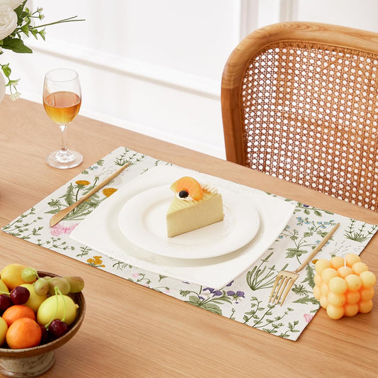 QIYI Boho Table Placemats Set of 4, 12"x18" Linen Place Mats, Wildflowers