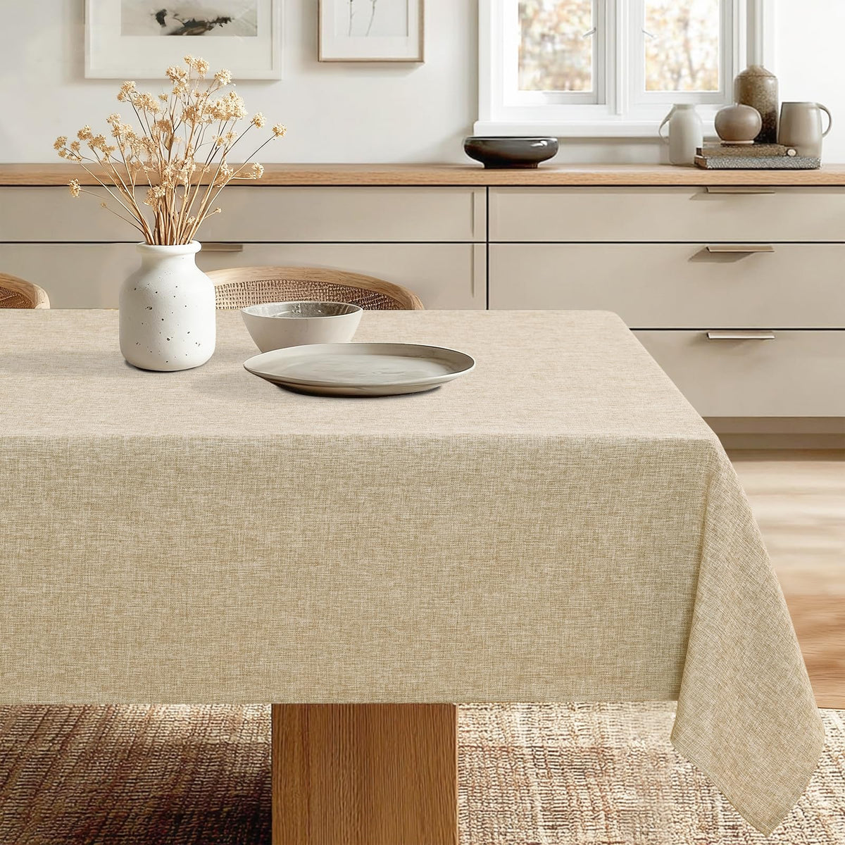 JIUZHEN Faux Linen Rectangle Tablecloth, Wrinkle Stain Resistant Farmhouse Textured Table Cloth Decorative Fabric for Kitchen, Dining, Party, Wedding,Outdoor Use,90 x 132 Inch,Beige
