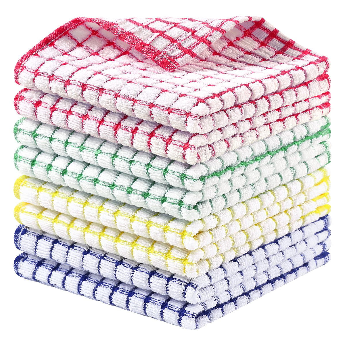 Homaxy 8 Pack Terry Kitchen Dish Cloths, 12"x12", Blue/Yellow/Red/Green