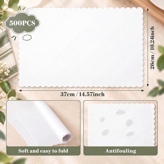 Sabary 500 Pcs Scalloped Edge Disposable White Paper Place mats, Classic