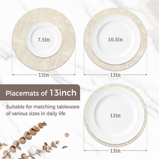 13" Round Placemats Set of 6, Reversible Faux Leather Wipeable Table Mats
