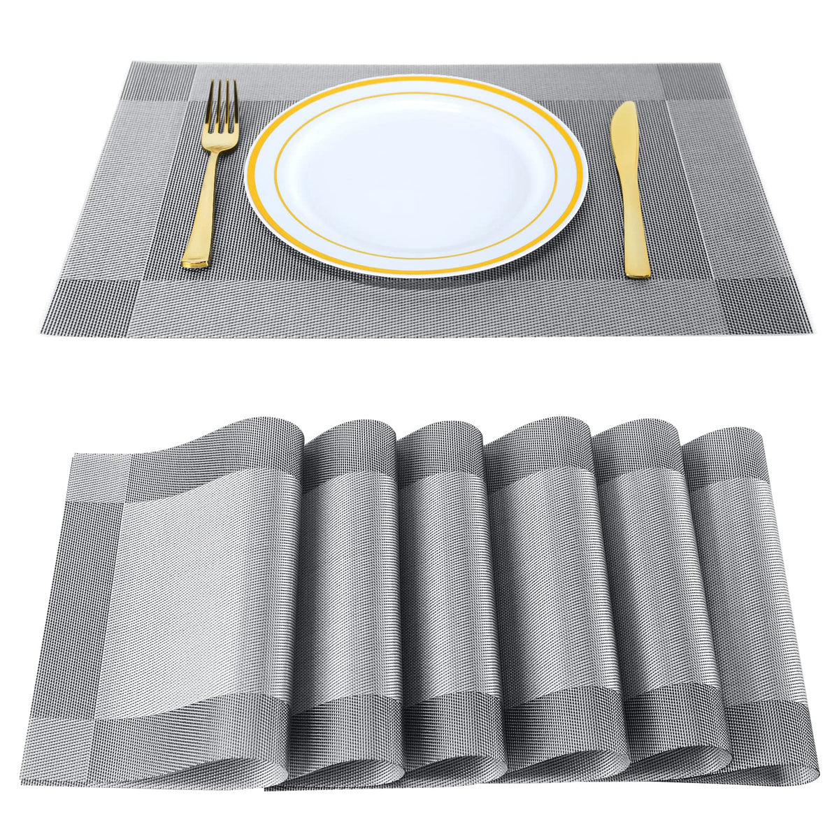 Placemats, Placemats Set of 6, Table Place Mats for Kitchen Dining, Heat-Resistant Anti-Skid Stain Washable PVC Table Mats, Easy to Cleaning Woven Vinyl Dinner Mats (Gold)