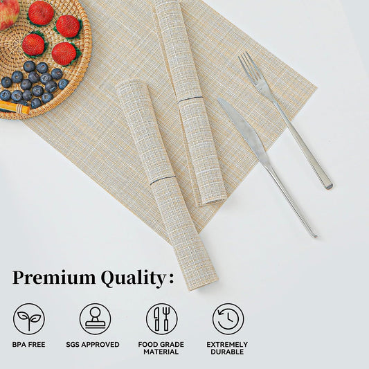 Beige Placemats Set of 4 - Heat-Resistant, Non-Slip Table Mats, Washable Woven Vinyl for Indoor & Outdoor Dining