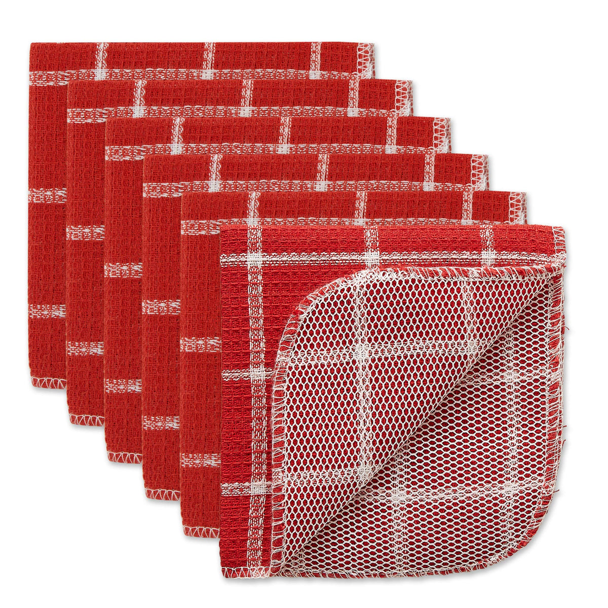 DII Scrubber Dishcloths Collection Windowpane Dishrag Set, 12x12, White/Red Stripe, 6 Piece