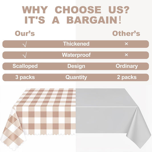 3Pack Light Khaki Gingham Tablecloths, Khaki and White Checkered Tablecloth