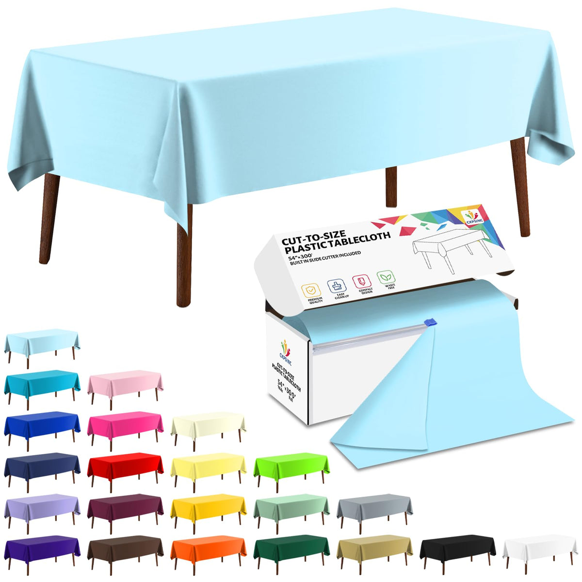 CXPSINC White Plastic Table Cloth Disposable Tablecloth Roll 54 Inch X 300 Feet Plastic Table Cover Roll with Slide Cutter for Picnics, Parties, Banquet, Birthdays, Weddings