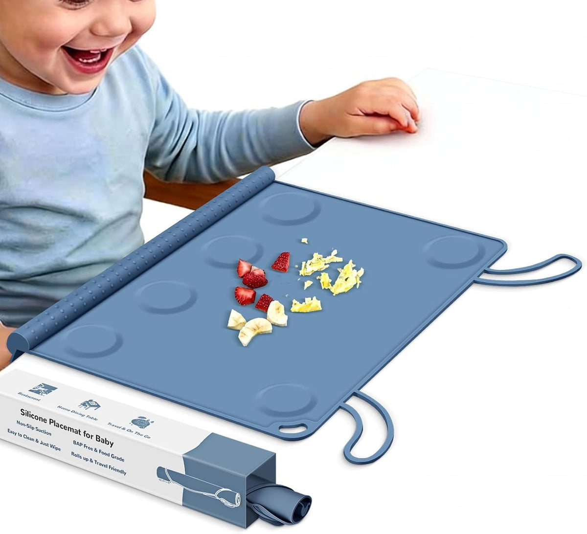 Silicone Placemat for Toddler Eating: Wipe Clean & Roll Up in The Diaper Bag - Table Mat for Restaurant/Travel/On-The-Go