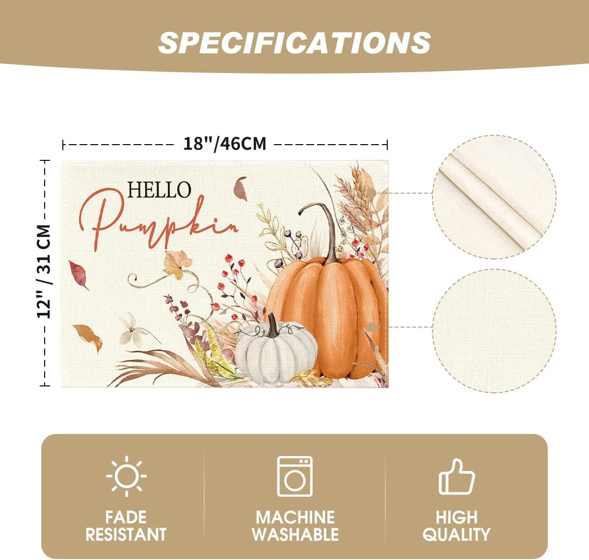 Artoid Mode Hello Pumpkin Fall Placemats Set of 4-12 x 18 Inch