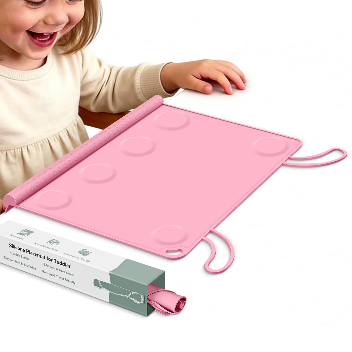 Silicone Placemat for Toddler Eating: Wipe Clean & Roll Up in The Diaper Bag - Table Mat for Restaurant/Travel/On-The-Go