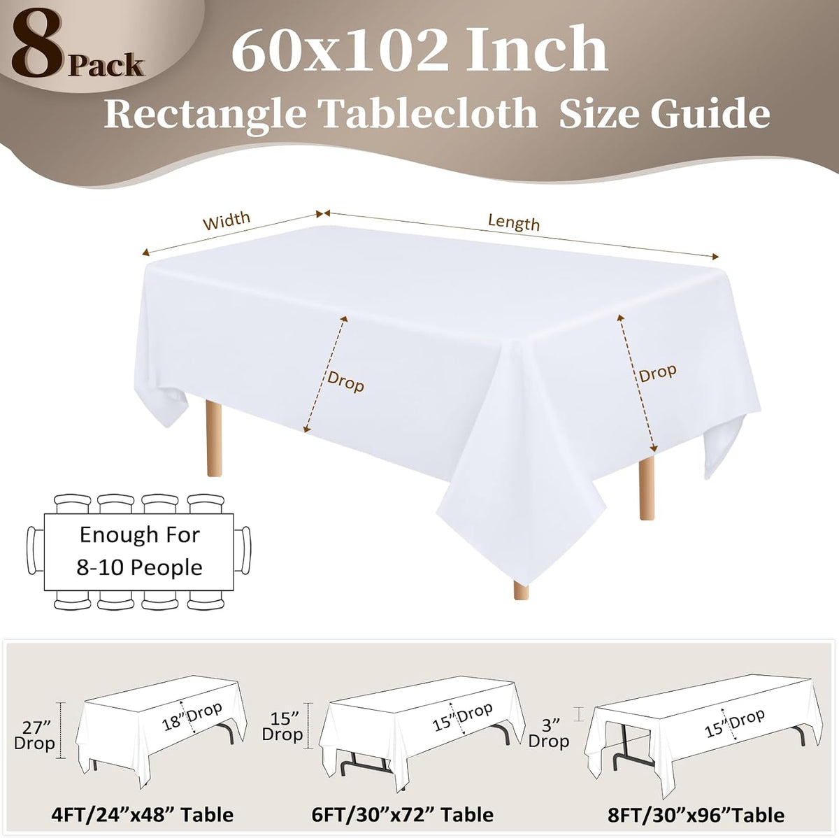 8 Pack 60 x 102 Inch White Rectangle Table Cloth for 6 Foot Tables