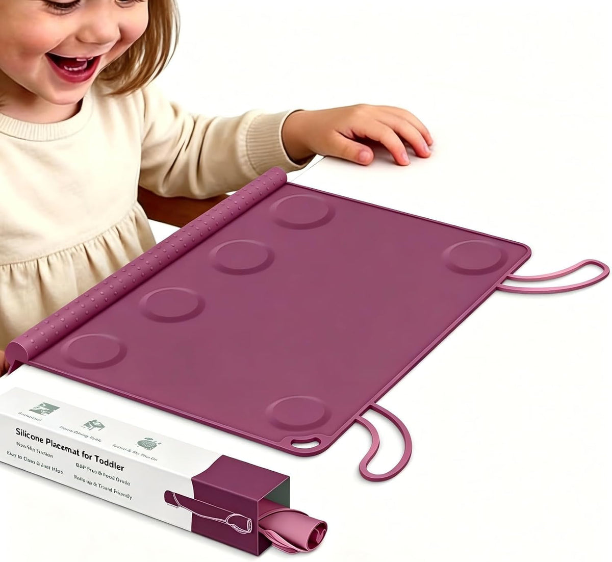 Silicone Placemat for Toddler Eating: Wipe Clean & Roll Up in The Diaper Bag - Table Mat for Restaurant/Travel/On-The-Go