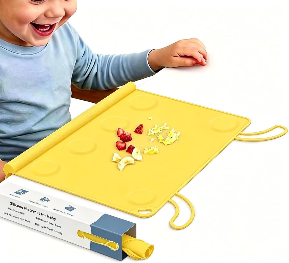 Silicone Placemat for Toddler Eating: Wipe Clean & Roll Up in The Diaper Bag - Table Mat for Restaurant/Travel/On-The-Go