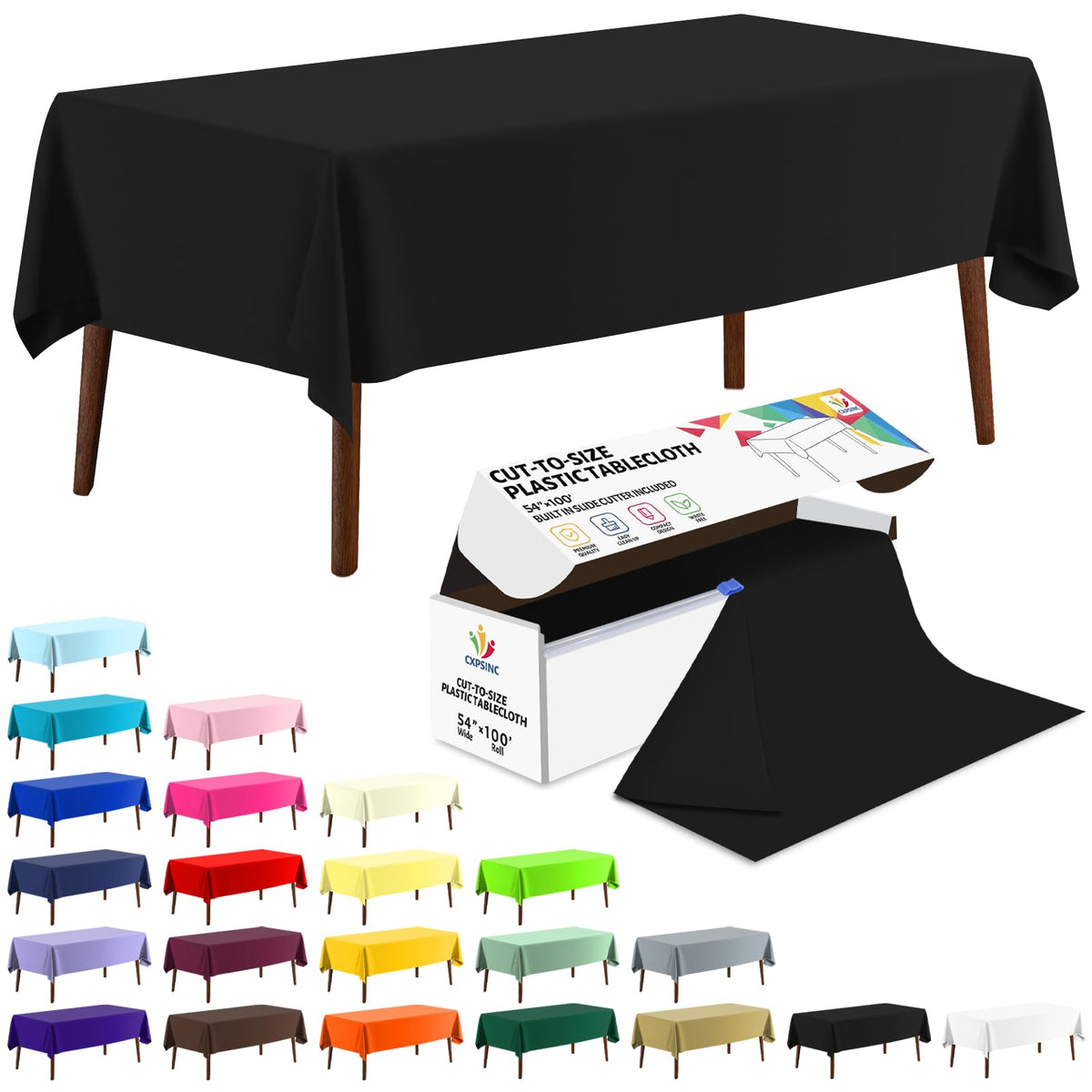 CXPSINC White Plastic Table Cloth Disposable Tablecloth Roll 54 Inch X 300 Feet Plastic Table Cover Roll with Slide Cutter for Picnics, Parties, Banquet, Birthdays, Weddings