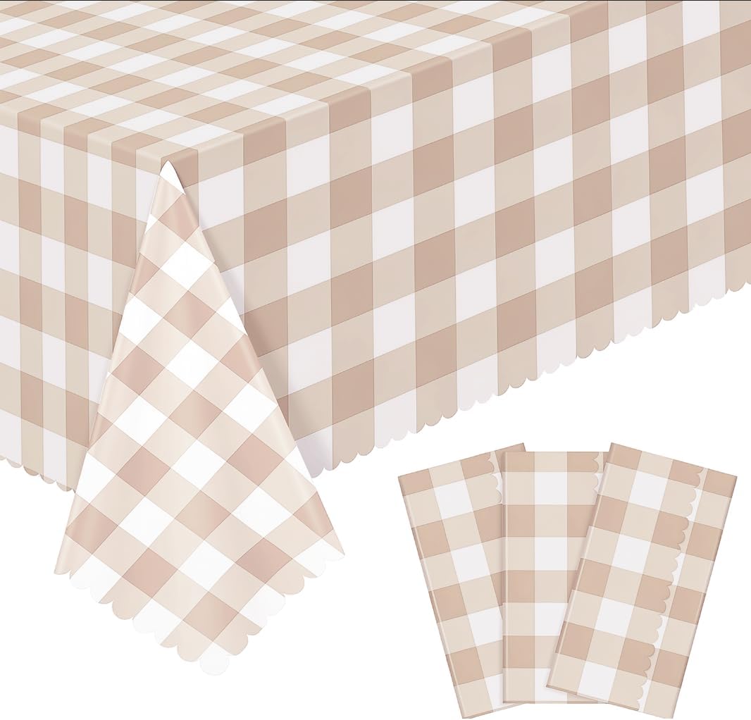 3Pack Light Khaki Gingham Tablecloths, Khaki and White Checkered Tablecloth