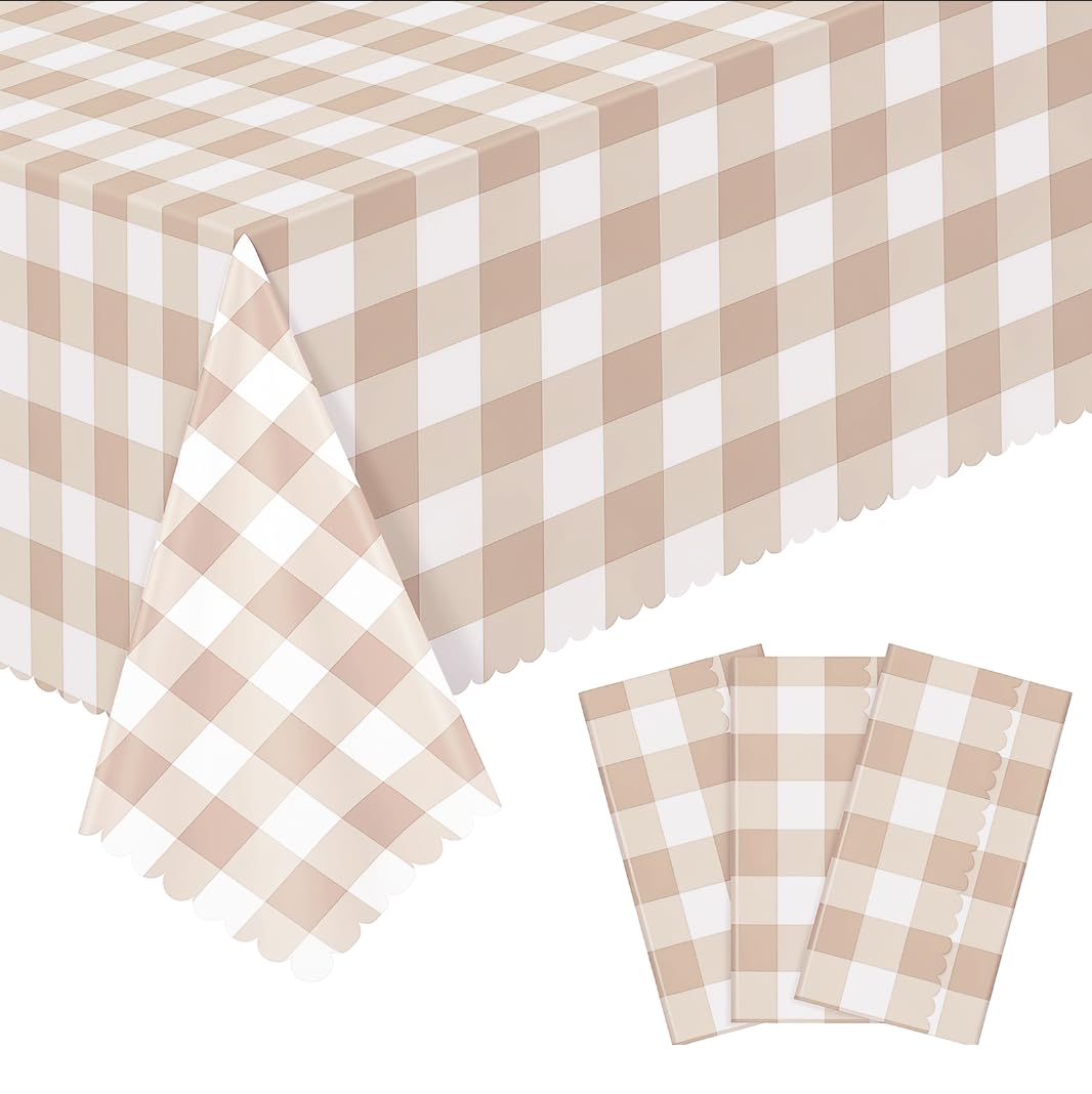 3Pack Light Khaki Gingham Tablecloths, Khaki and White Checkered Tablecloth