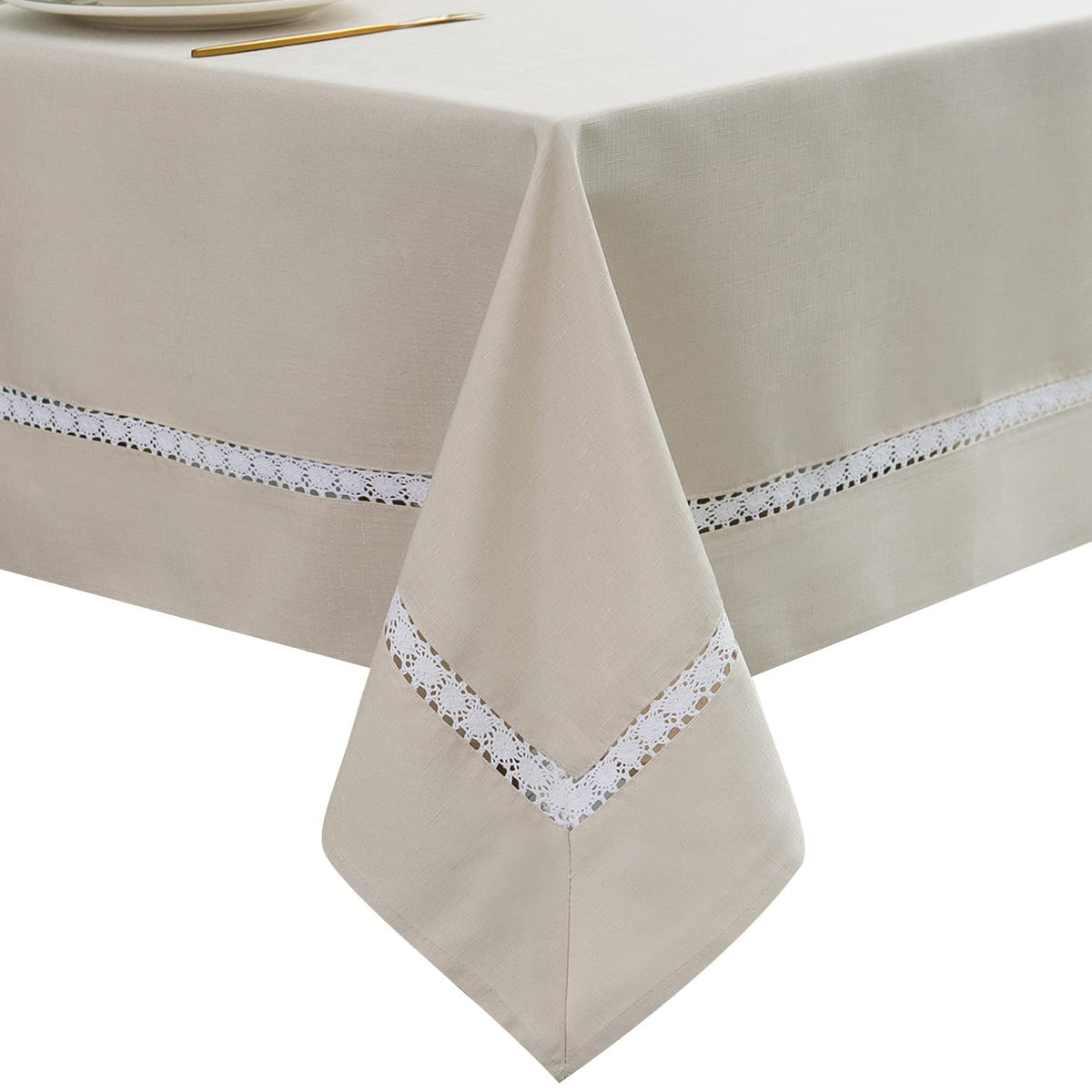 EHouseHome Heavy Duty Fabric Tablecloth with White Lace-Waterproof/Wrinkle Free/Stain Resistant/Oil Proof-for Dining,Indoor&Outdoor,Wedding,Holiday,White,Rectangle 60x120Inch