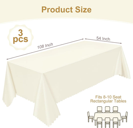 NatNarr 3 Pack Ivory Tablecloths, 54 x 108 Inch Scalloped Party Table Cover