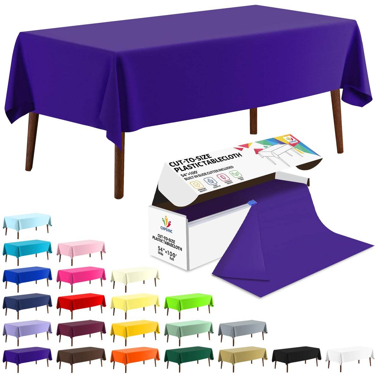 CXPSINC White Plastic Table Cloth Disposable Tablecloth Roll 54 Inch X 300 Feet Plastic Table Cover Roll with Slide Cutter for Picnics, Parties, Banquet, Birthdays, Weddings