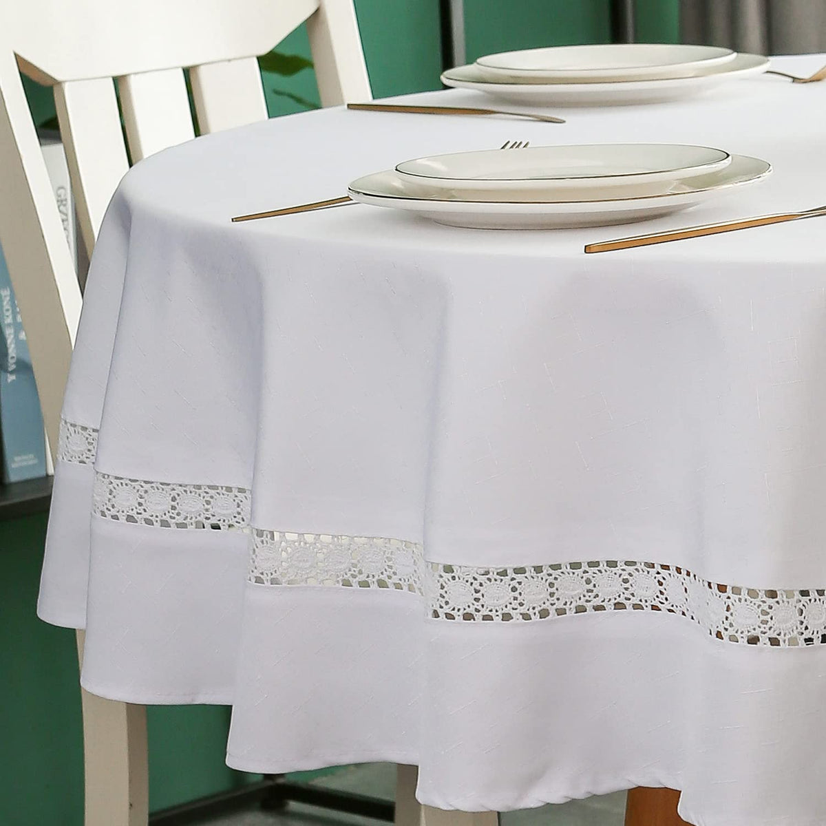 EHouseHome Heavy Duty Fabric Tablecloth with White Lace-Waterproof/Wrinkle Free/Stain Resistant/Oil Proof-for Dining,Indoor&Outdoor,Wedding,Holiday,White,Rectangle 60x120Inch