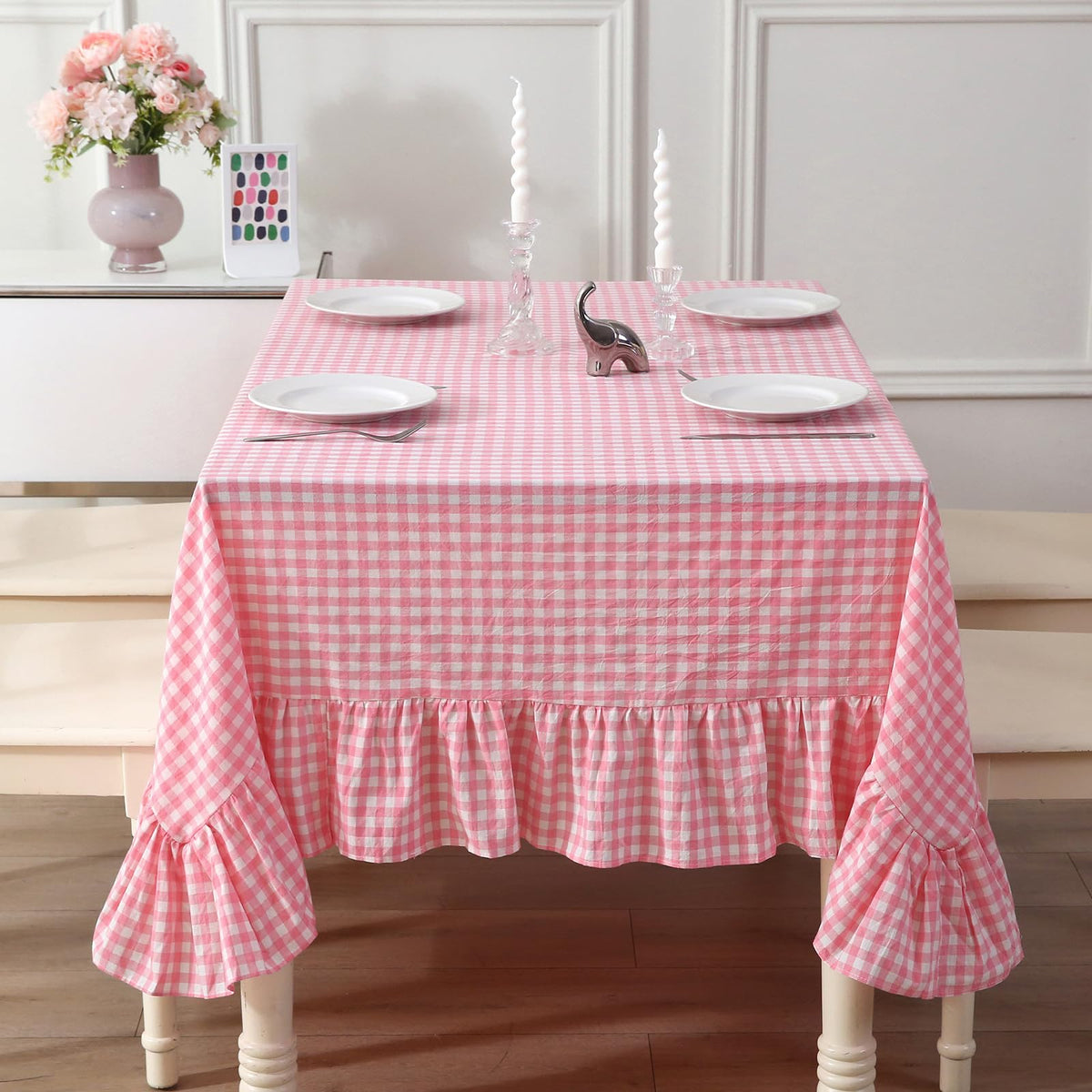 Taupe White Gingham Ruffled Tablecloth 120"x60"