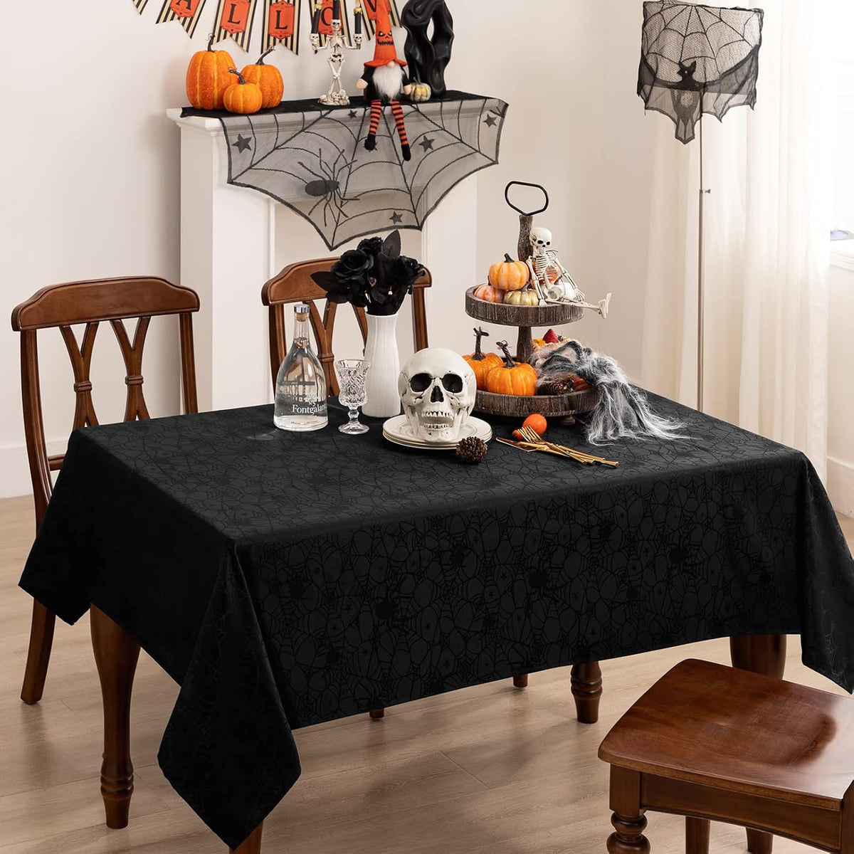 joybest Halloween Tablecloth Black Spider Web Table Cloth Spillproof Fabric Table Cover for Dining Party, Halloween Decorations, Rectangle 60 x 84 Inch