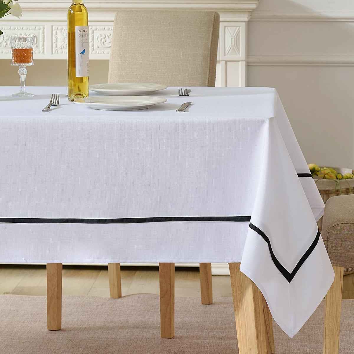 EHouseHome Heavy Duty Fabric Tablecloth with White Lace-Waterproof/Wrinkle Free/Stain Resistant/Oil Proof-for Dining,Indoor&Outdoor,Wedding,Holiday,White,Rectangle 60x120Inch