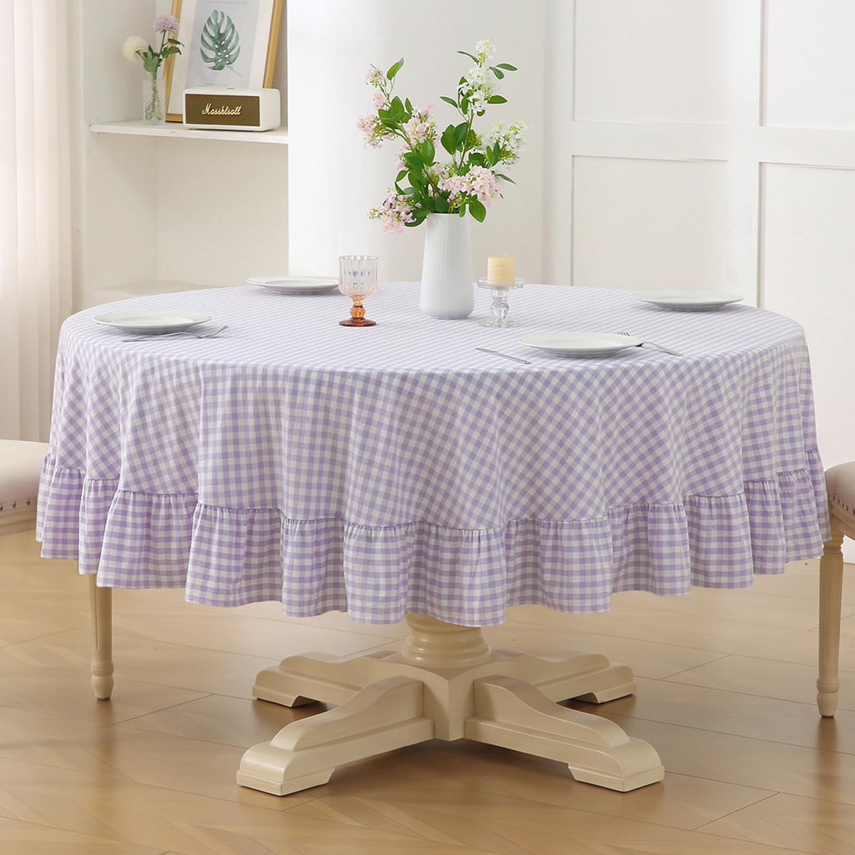 Taupe White Gingham Ruffled Tablecloth 120"x60"